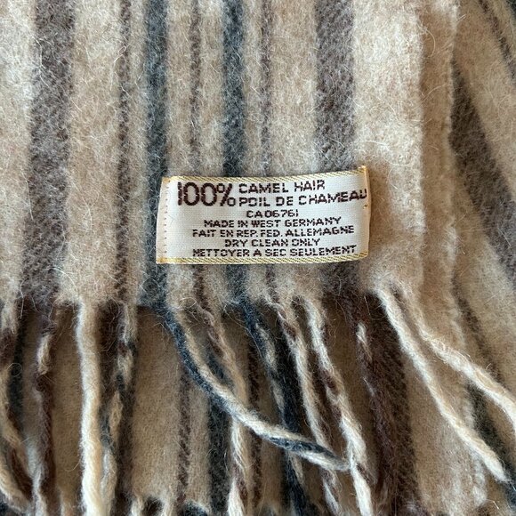 Vintage 100% Camel Hair Scarf Brown Tan Blue Stripes Made in West Germany - Picture 3 of 5